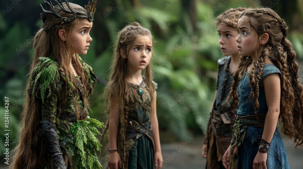 Princess siblings display emotions in enchanted forest fantasy scene children's adventure mystical setting close-up view Princess siblings display emotions in enchanted forest fantasy scene children's adventure mystical setting close-up view
