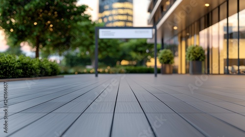Wallpaper Mural Modern architectural exterior with wooden decking, greenery, and urban skyline at sunset Torontodigital.ca