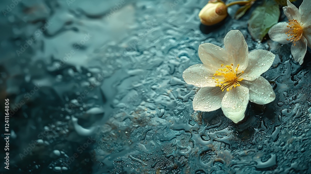 Delicate Flower with Raindrops on a Dark Surface Captured in Realistic Photography Delicate Flower with Raindrops on a Dark Surface Captured in Realistic Photography