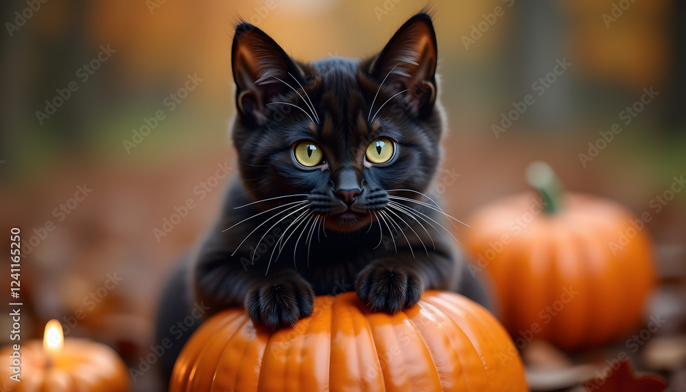 Adorable black cat resting on a pumpkin surrounded by autumn leaves Adorable black cat resting on a pumpkin surrounded by autumn leaves