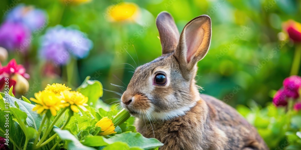 Fototapeta premium A close-up shot of a rabbit's face with its mouth nibbling on fresh summer greens in a lush backyard garden filled with vibrant flowers and foliage , fresh greens, herb garden