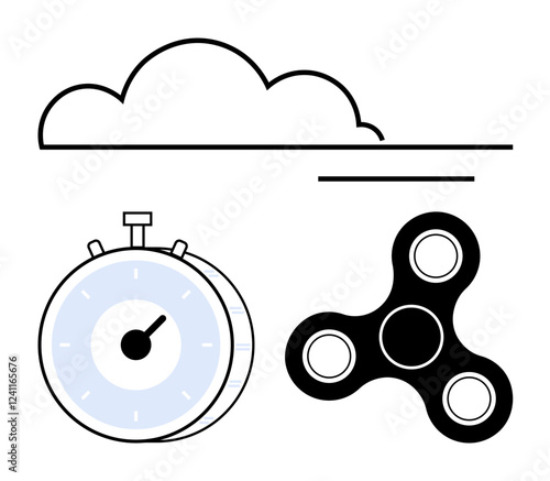 Stopwatch, fidget spinner, and cloud line art illustrating time management, focus, and technology. Ideal for productivity, stress relief, mindfulness, cloud storage innovation balance abstract