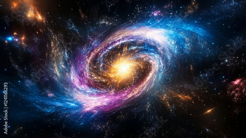 Vibrant spiral galaxy illuminated by a bright core amidst swirling cosmic colors