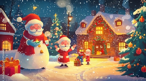 A Festive Pixel Art Winter Scene with Santa Claus and Elves and Houses. Decorated for the Holidays. Filled with Warm Colors and Christmas Cheer. With Snow and Snowflakes and Holiday Decorations. A