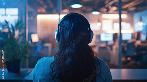 A female programmer is captured from the rear, working on her laptop with headphones.  AI generative photo