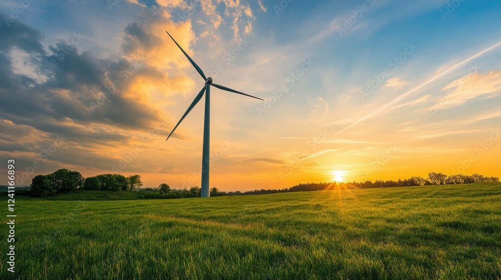 Obraz premium Beautiful Sunset Over Green Field with Wind Turbine and Clouds