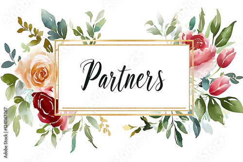 A graceful floral typography composition with the word "partners" in an elegant script, featuring watercolor roses, green leaves, and a refined botanical frame for a balanced aesthetic.