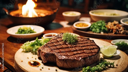 Perfect grilled steak, ready to serve. In the background, side dishes and flickering lights create a cozy dinner atmosphere.