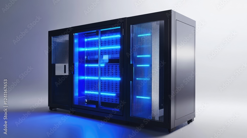 Standalone server rack with glowing blue LED lights, showcasing advanced data storage, high-tech components, and a sleek modern design