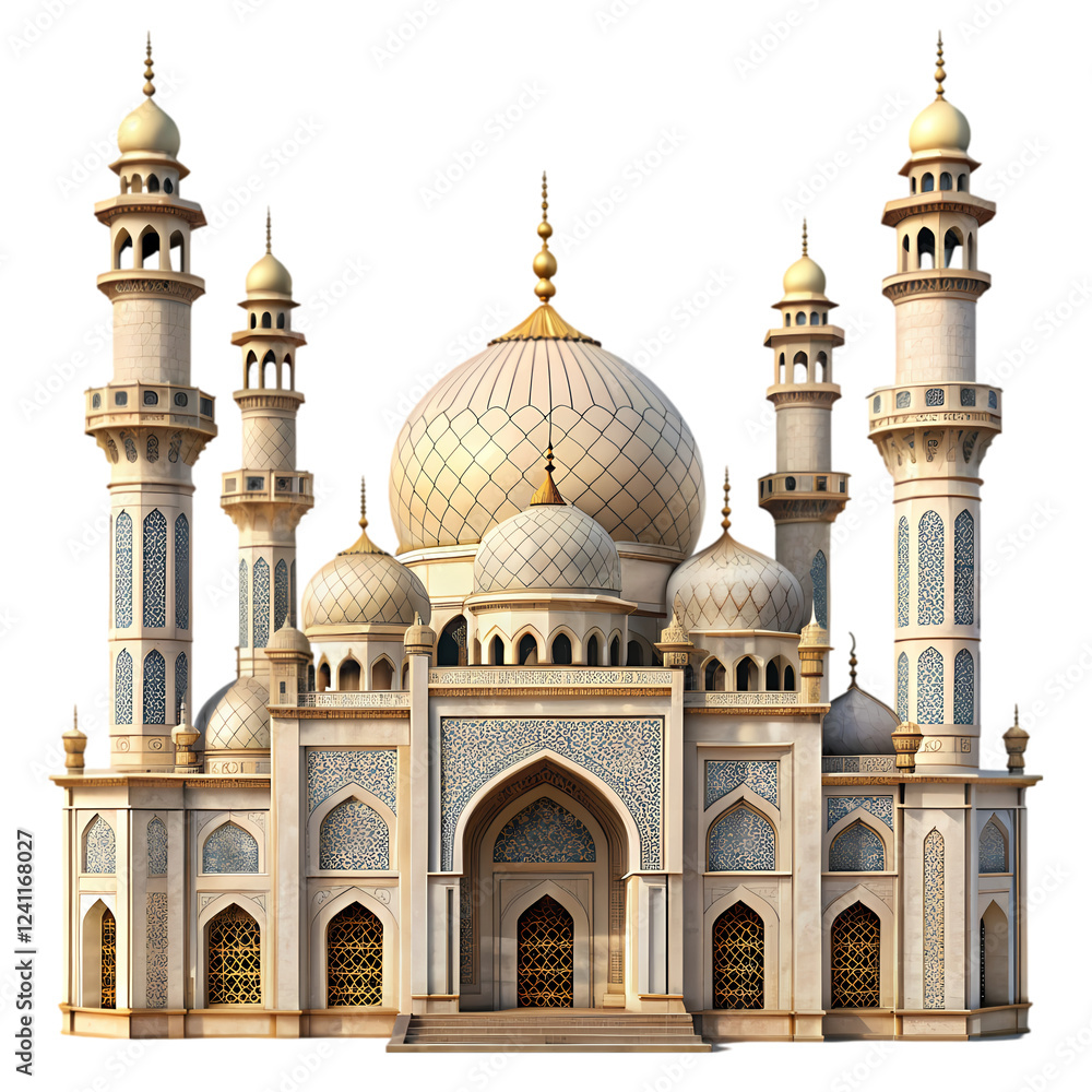Fototapeta premium Majestic white mosque architectural design with golden domes and minarets on transparent background