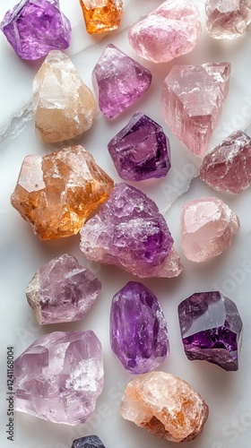 Scattered raw gemstones like opals amethysts and rose quartz over a white marble surface creating a natural and elegant gem background  photo