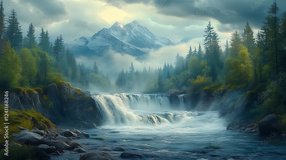 Fototapeta premium Majestic Mountain Waterfall, Mist-Shrouded Forest, Sunrise