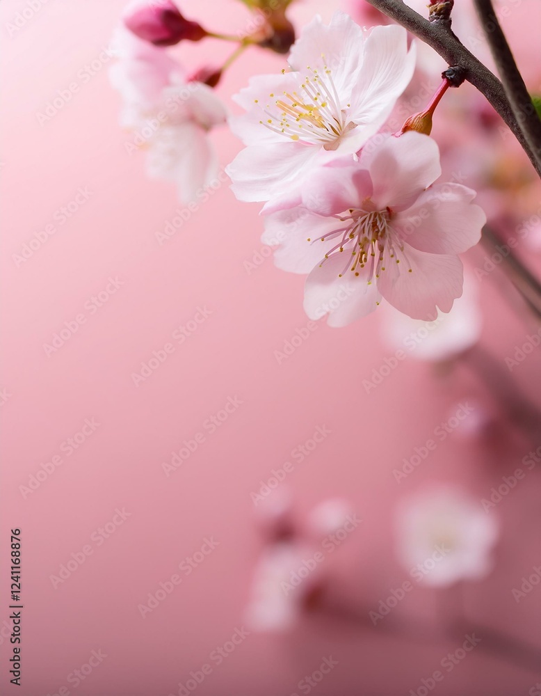 Fototapeta premium ほんのりと色づくペールピンクの背景に、桜のつぼみがふくらみ、春の希望をそっと描く 