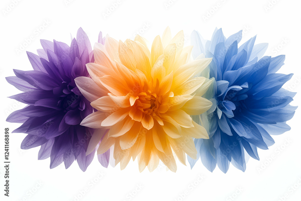 Obraz premium Vibrant Dahlia Trio, Purple, Yellow, Blue Blooms in Full Radiance, Exquisitely Arranged on White Background.