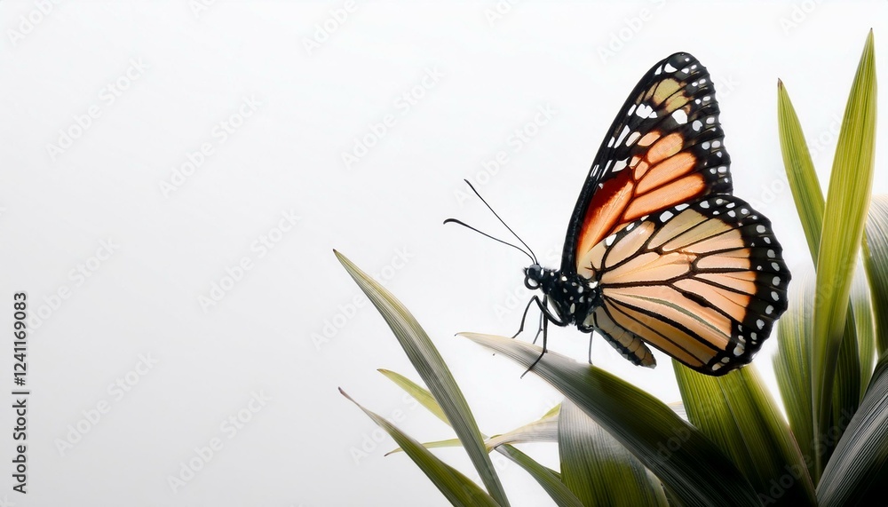 Fototapeta premium シンプルなホワイトの空間に、優雅に佇む春の蝶がそっと生命の息吹を伝えるデザイン