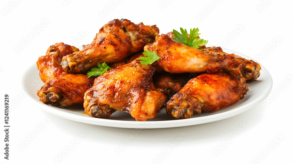 Roasted chicken wings on white plate, garnished with parsley, isolated on white background; perfect for food blogs or recipe sites Roasted chicken wings on white plate, garnished with parsley, isolated on white background; perfect for food blogs or recipe sites