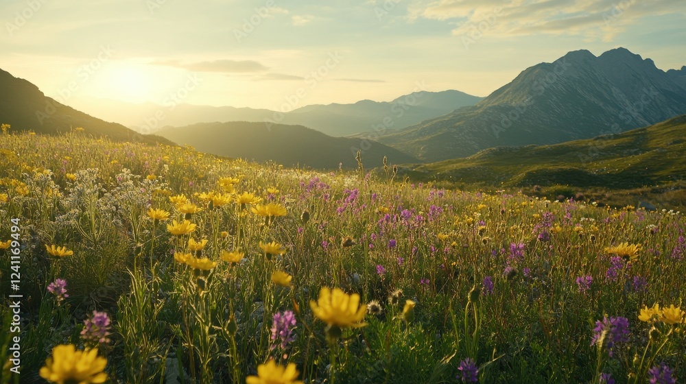 Fototapeta premium Golden Hour Over Wildflower Meadow and Majestic Mountain Range