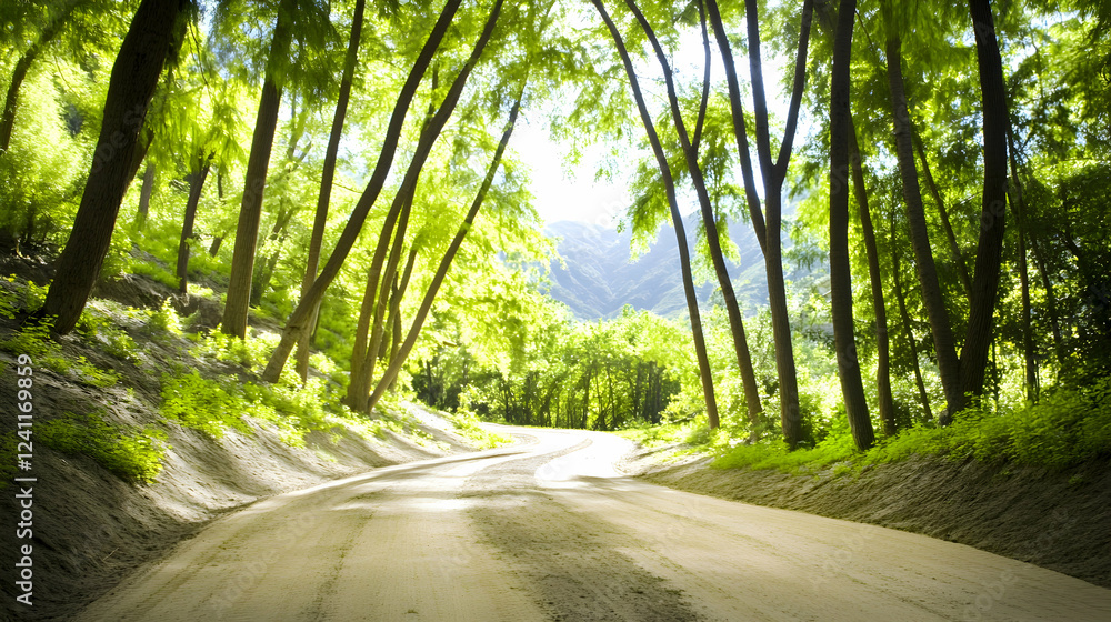 Obraz premium Scenic mountain road, sunlight through trees, summer landscape, travel destination