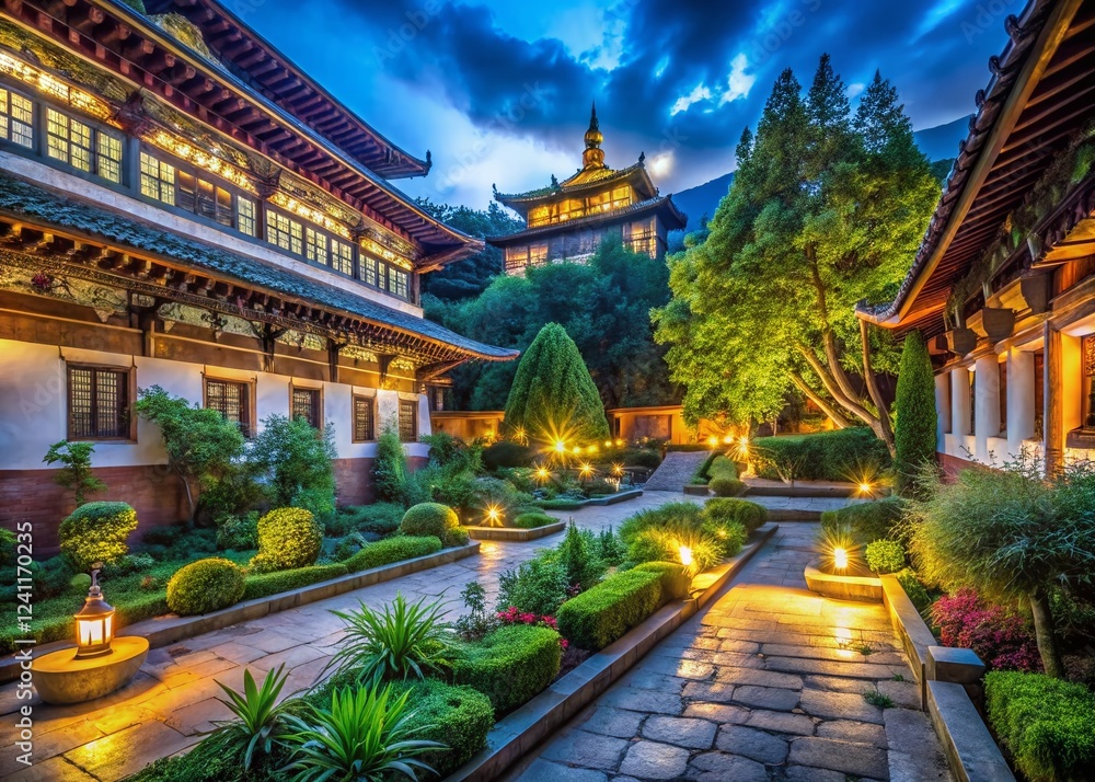 Obraz premium Mystical Qozhaya Monastery Gardens at Night - Long Exposure Photography