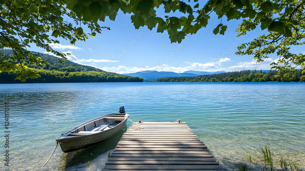 Serene lake view, small boat at wooden dock, mountains background, summer postcard Serene lake view, small boat at wooden dock, mountains background, summer postcard