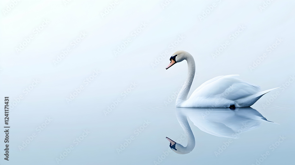Serene swan swimming in misty lake; peaceful nature scene, ideal for tranquility themed projects Serene swan swimming in misty lake; peaceful nature scene, ideal for tranquility themed projects