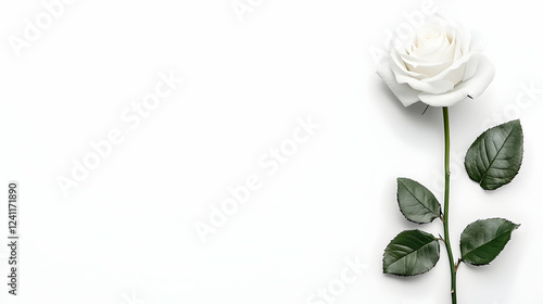Fototapeta Naklejka Na Ścianę i Meble -  Single white rose on white background; minimalist floral design for cards, blogs, or websites