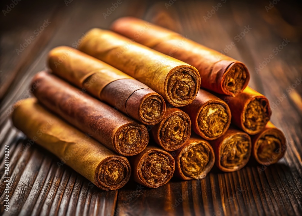Panoramic Close-up of Cuban Cigars Resting on Rich Wooden Table Panoramic Close-up of Cuban Cigars Resting on Rich Wooden Table