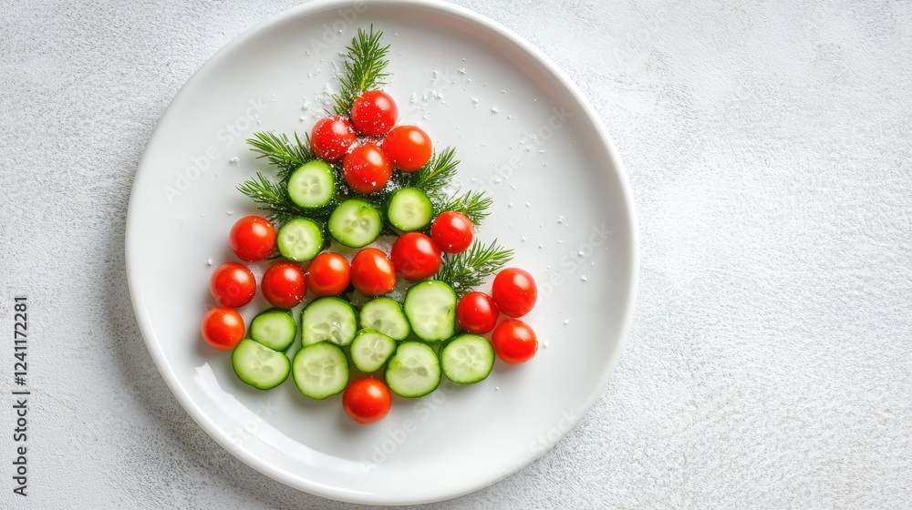 Creative Christmas Tree Design with Tomatoes and Cucumbers on Plate