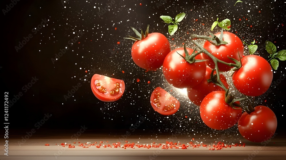 Captivating 3D showcasing a dramatic explosion of vibrant tomato sauce suspended in mid air against a transparent background capturing the energy and movement of this culinary element