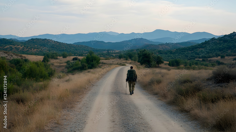 Fototapeta premium Solo hiker on rural road, mountains backdrop, tranquil sunset, travel photography