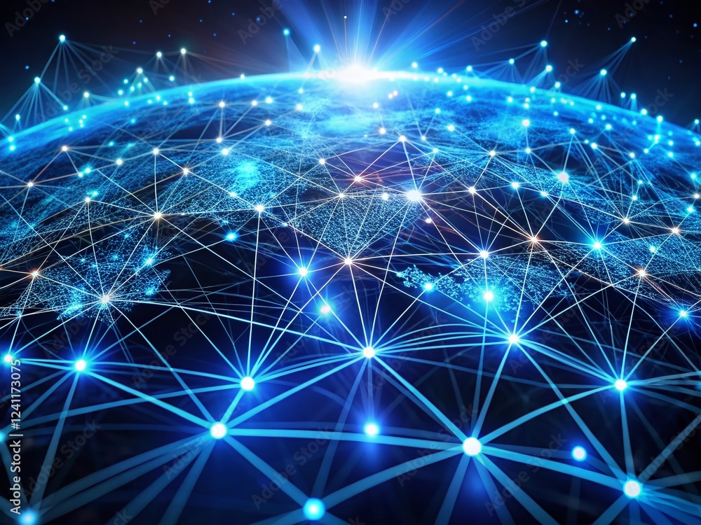 Panoramic Digital Network: Glowing Blue Nodes and Connections - Abstract Technology Background Panoramic Digital Network: Glowing Blue Nodes and Connections - Abstract Technology Background