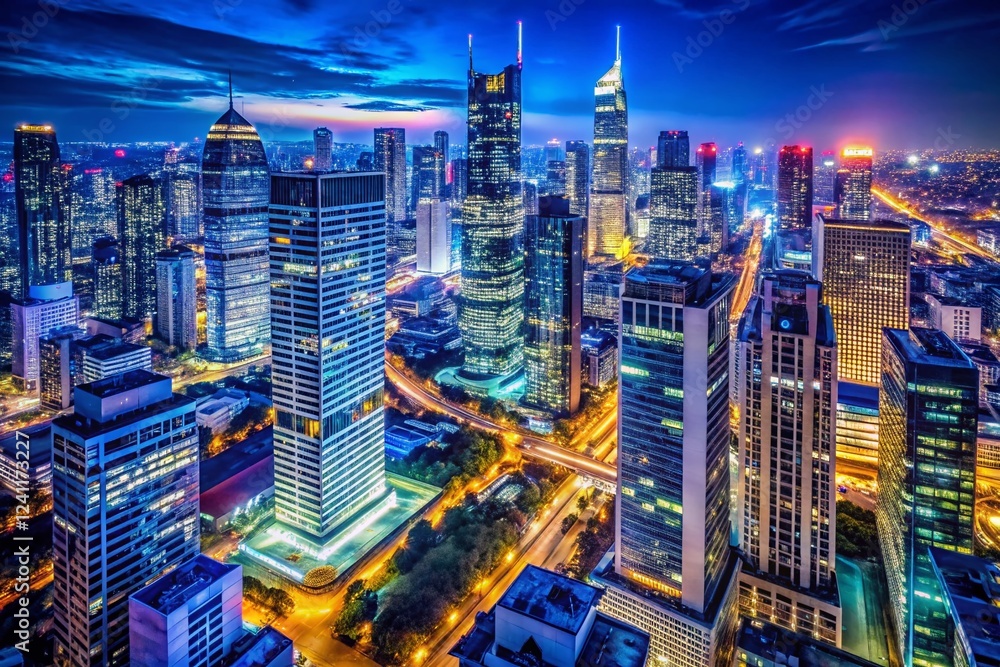 Obraz premium Night Cityscape Photography: Illuminated Buildings and Streets, Dramatic Lighting, Urban Scene, Night Photography