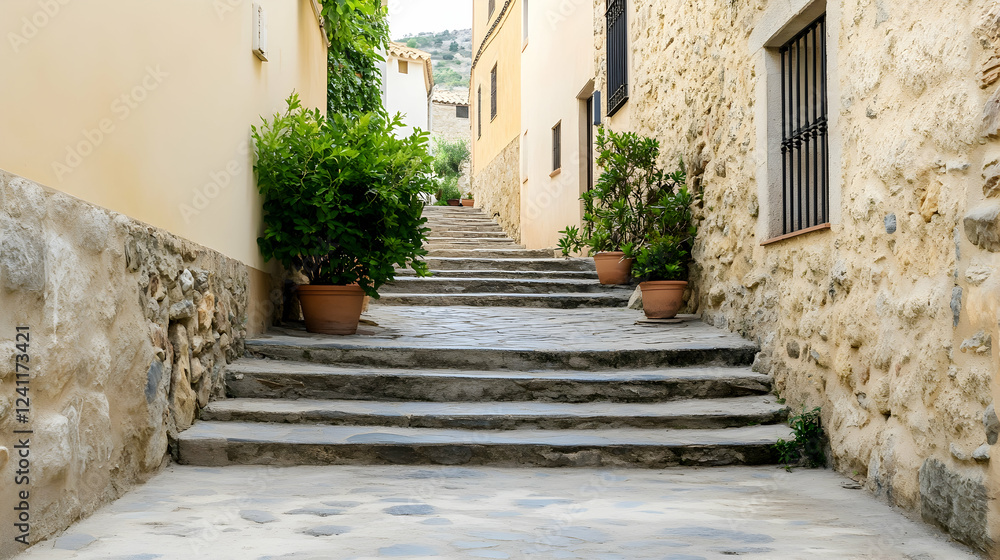 Obraz premium Stone staircase in a Mediterranean village, plants in pots, background buildings. Ideal for travel brochures