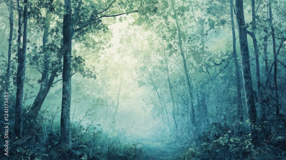 Fototapeta premium Misty Woodland Path With Soft Light