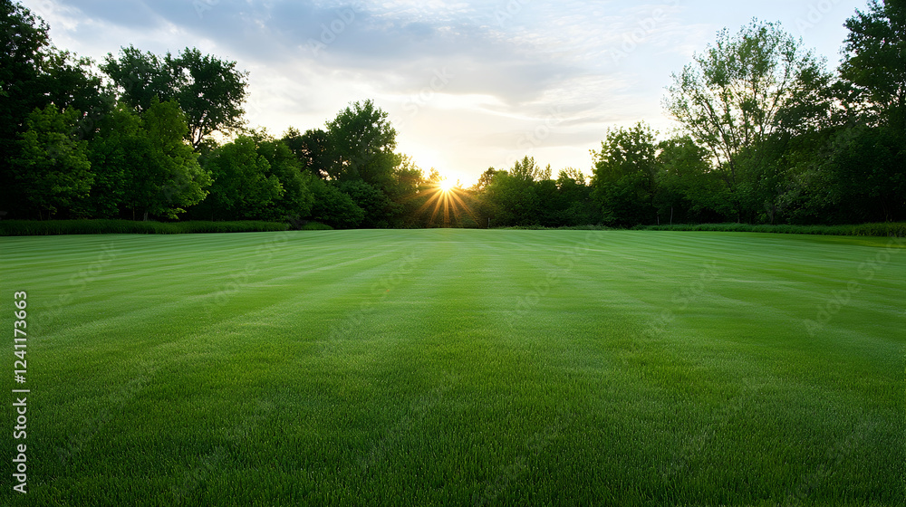 Sun setting over lush green lawn, trees background. Perfect for serene nature scenes, websites, or advertising Sun setting over lush green lawn, trees background. Perfect for serene nature scenes, websites, or advertising