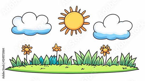 Sunny day cartoon landscape with flowers and grass; ideal for children's books or websites