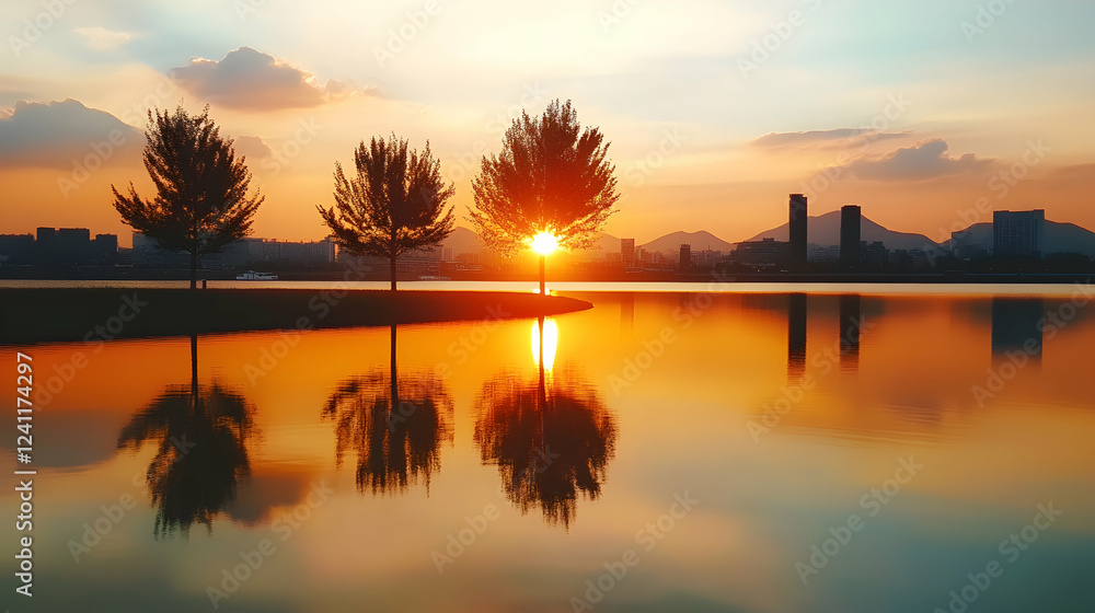 Obraz premium Sunset over city lake, trees silhouette reflected in calm water, urban skyline background; ideal for travel, nature, serenity themes