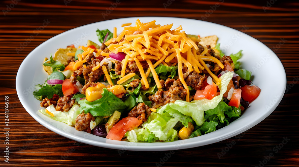 Taco salad on a white plate, wooden table background; food photography for restaurant menus Taco salad on a white plate, wooden table background; food photography for restaurant menus