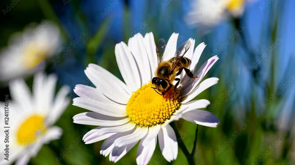 bee pollinating a brightly colored daisy on a sunny day bee pollinating a brightly colored daisy on a sunny day