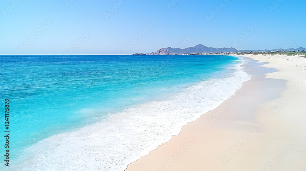 Fototapeta premium Turquoise ocean waves lapping a pristine beach; mountains in background; ideal for travel brochures