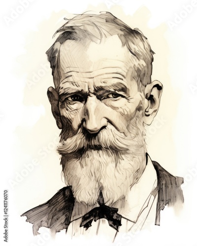 Vintage Line Drawing Illustration of George Bernard Shaw, the Influential Irish Critic (1856-1950)