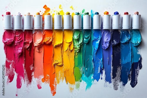 Clean, minimalist arrangement of colorful paint tubes laid flat on a white background, with one tube squeezed to reveal its vibrant contents. 