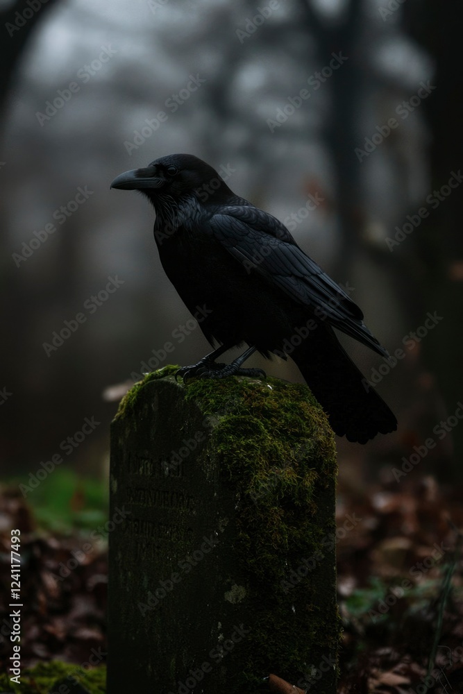 Black Raven Perched on Mossy Gravestone in Cemetery Black Raven Perched on Mossy Gravestone in Cemetery