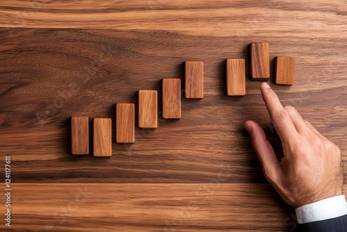 Business meeting table with dominoes set up in a pattern, one hand stopping them mid-fall, symbolizing strategic planning and risk mitigation