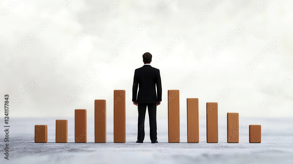 Corporate leader standing in front of a line of falling dominoes, successfully stopping the chain reaction, business risk strategy concept Corporate leader standing in front of a line of falling dominoes, successfully stopping the chain reaction, business risk strategy concept