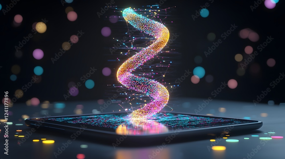 Close up view of a shimmering DNA helix made of light particles surrounded by holographic chemical data displayed on a nearby digital tablet representing scientific research technological innovation