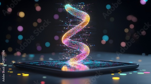 Obraz na płótnie Close up view of a shimmering DNA helix made of light particles surrounded by holographic chemical data displayed on a nearby digital tablet representing scientific research technological innovation w salonie