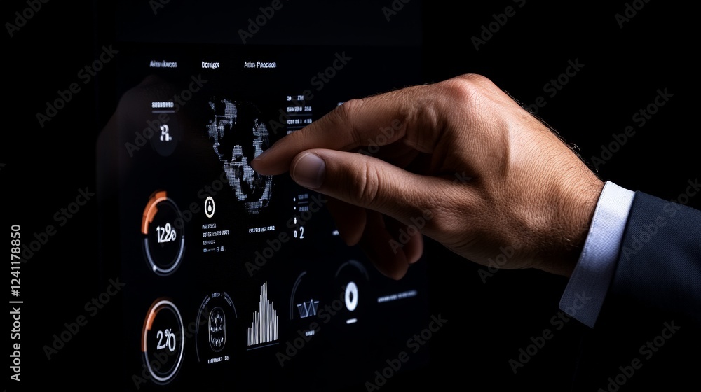 Interactive Tech Interface: A person's hand interacts with an advanced digital interface, showcasing data and analytics on a sleek, modern touchscreen. It evokes innovation and progress. Interactive Tech Interface: A person's hand interacts with an advanced digital interface, showcasing data and analytics on a sleek, modern touchscreen. It evokes innovation and progress.