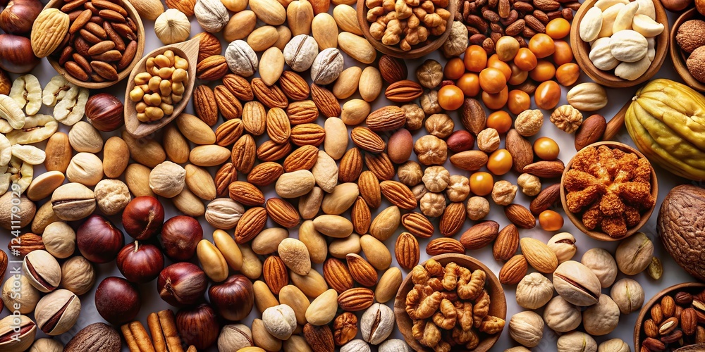 Naklejka premium Panoramic View of Assorted Nuts on White Background - High-Resolution Stock Photo
