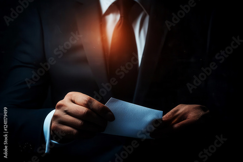 Business executive accepting a secret bribe in a dark office, corporate corruption and illegal activity theme